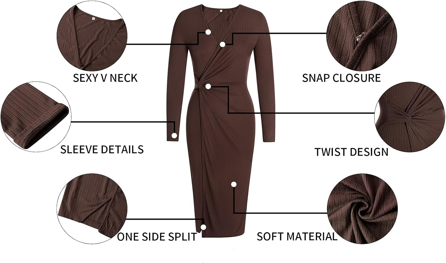 Women'S Long Sleeve Dress: Midi Casual V Neck Twist Waist Ribbed Knit Bodycon Slit Cocktail Party Dresses