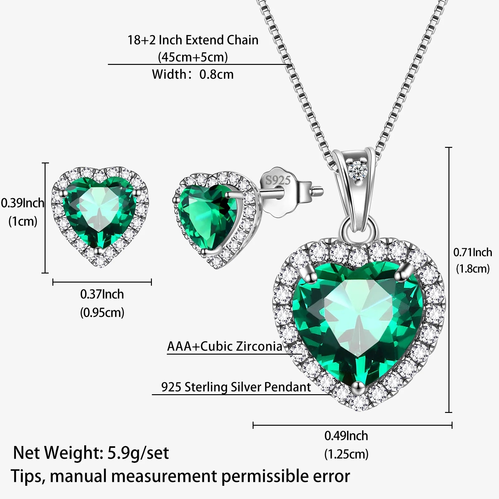 May Birthstone Jewelry Sets for Women, Green Heart Jewelry Set Emerald Necklace Earrings 925 Sterling Silver Fine Jewelry Birthday Mother'S Day Gifts