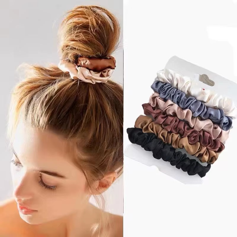 6Pcs Elegant Hair Scrunchies Women Minimalist Simulation Silk Hair Ties Solid Color Elastic Hair Loop Ponytail Hair Accessories