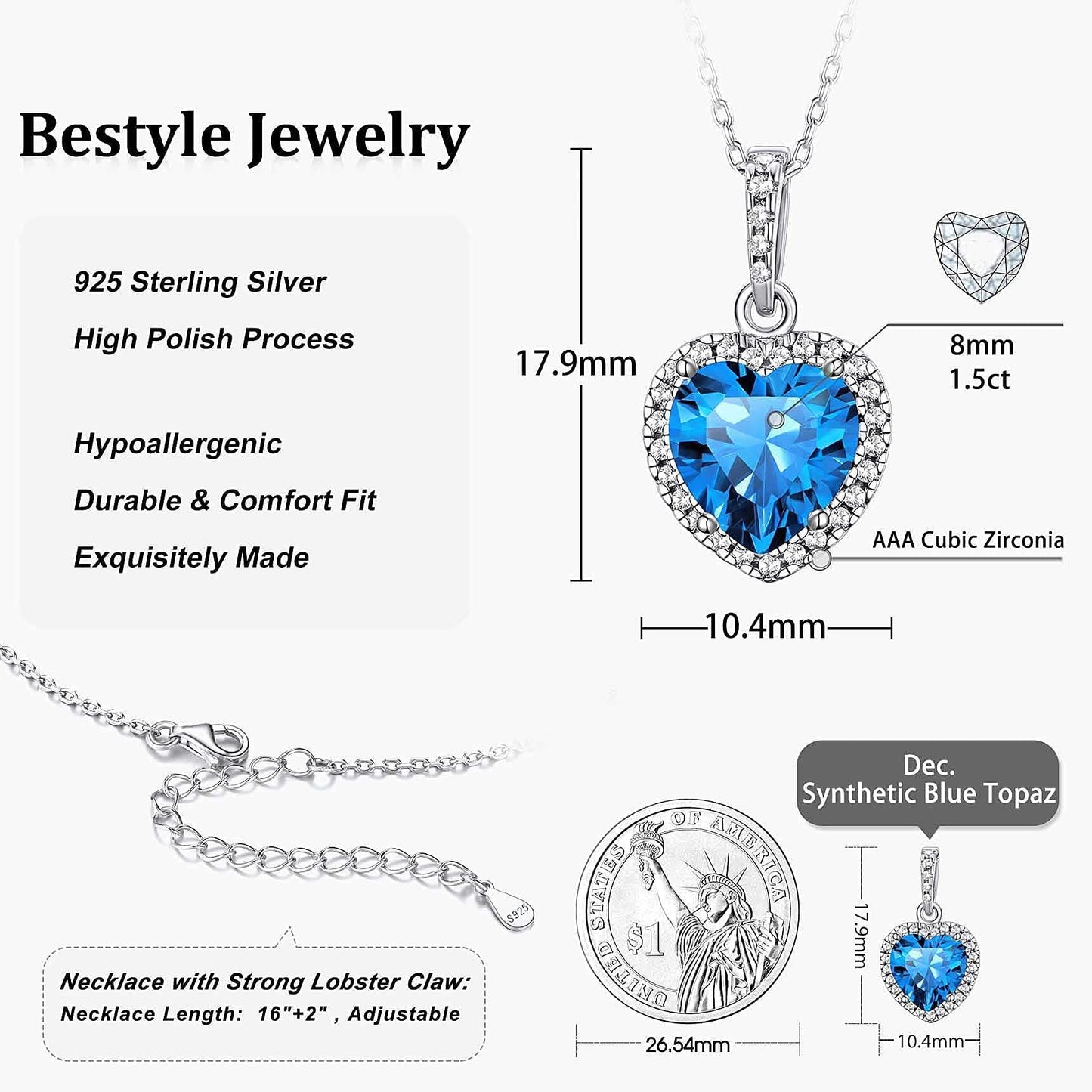 December Synthetic Turquoise Gemstone Pendant 925 Sterling Silver Choker Necklace CZ Love Heart Diamond Necklace for Women Wife Mom Daughter