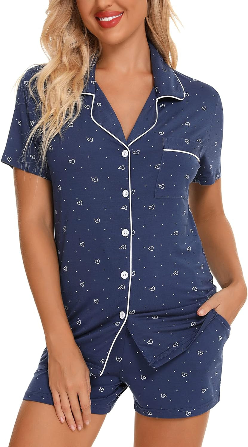 Womens Pajamas Set Short Sleeve Sleepwear Button down Nightwear Shorts Soft Pj Sets S-XXL