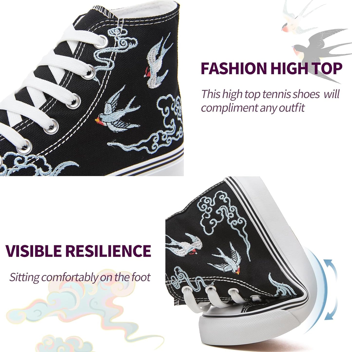 Women'S High Top Canvas Sneakers Canvas Shoes Lace up White Black Sneakers Casual Walking Shoes